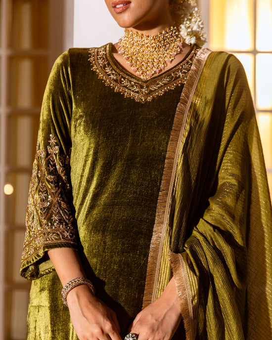 Olive Green Velvet V Neck Khatwork And Hand-Embroidered Dabka, Zari, Sequin Work Complete Suit Set