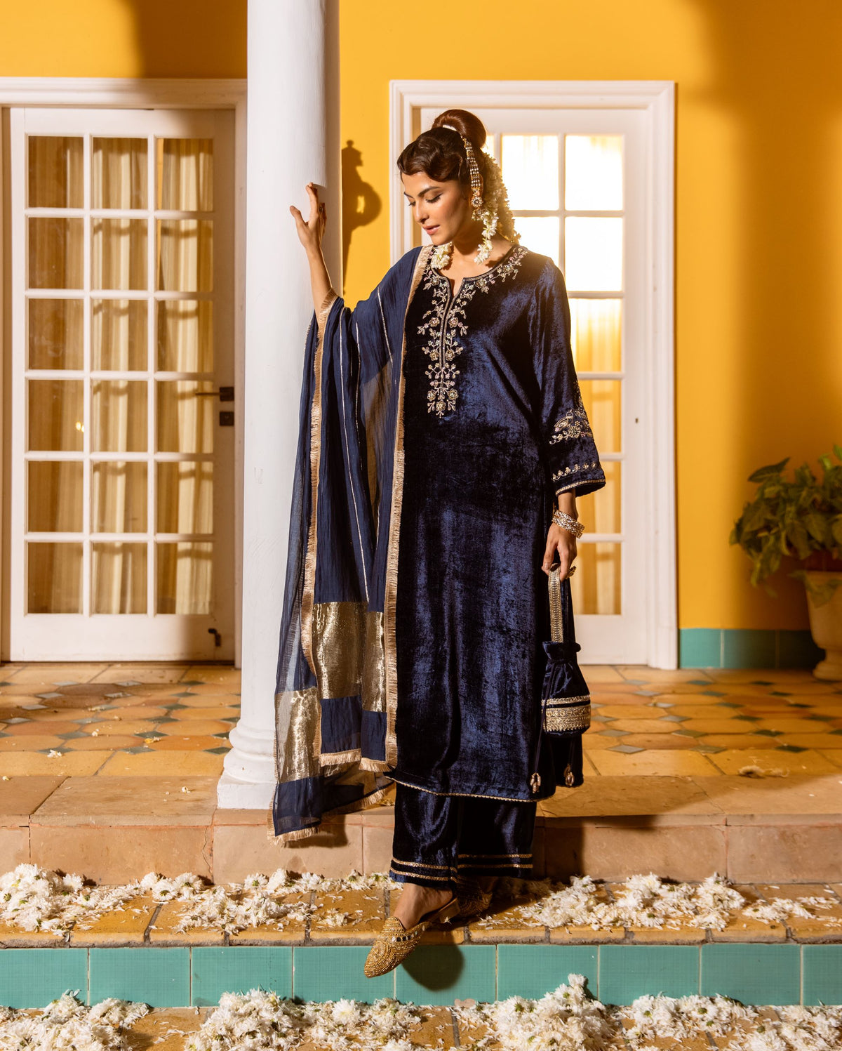 Deep Blue Velvet Round With V Neck Marodi Embroidery, Highlighted By Zari, Sequins Work Complete Suit Set