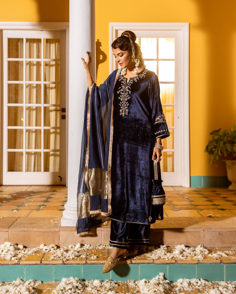 Deep Blue Velvet Round With V Neck Marodi Embroidery, Highlighted By Zari, Sequins Work Complete Suit Set