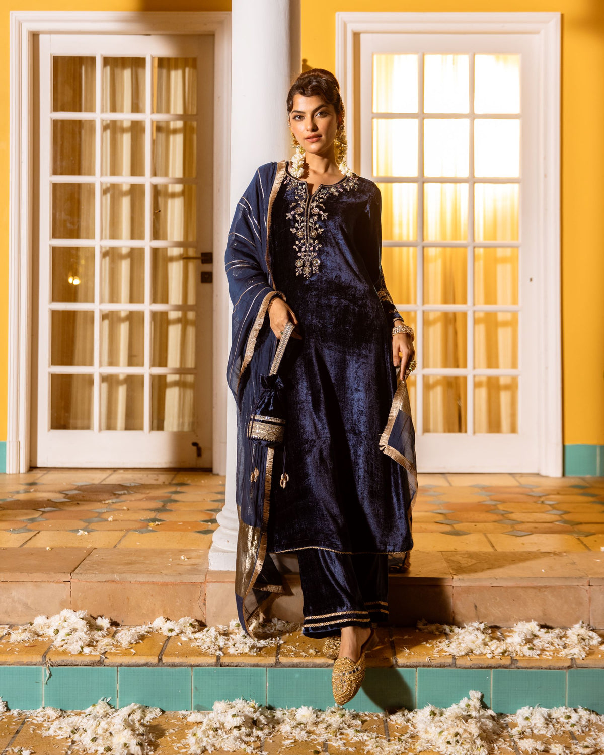 Deep Blue Velvet Round With V Neck Marodi Embroidery, Highlighted By Zari, Sequins Work Complete Suit Set