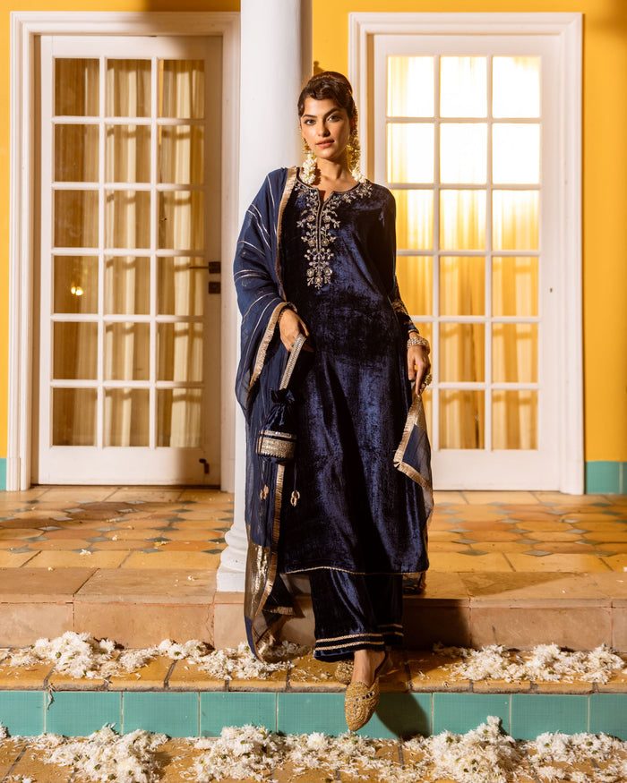 Deep Blue Velvet Round With V Neck Marodi Embroidery, Highlighted By Zari, Sequins Work Complete Suit Set
