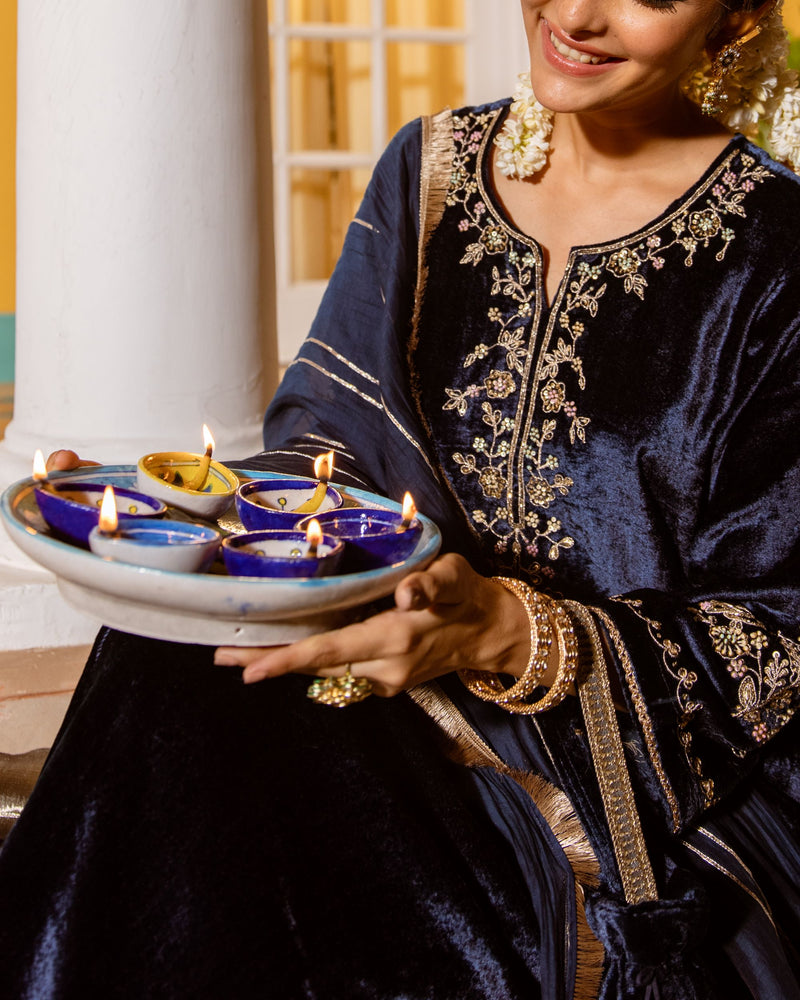 Deep Blue Velvet Round With V Neck Marodi Embroidery, Highlighted By Zari, Sequins Work Complete Suit Set