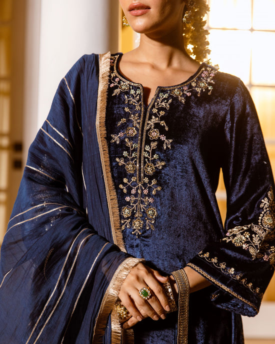 Deep Blue Velvet Round With V Neck Marodi Embroidery, Highlighted By Zari, Sequins Work Complete Suit Set