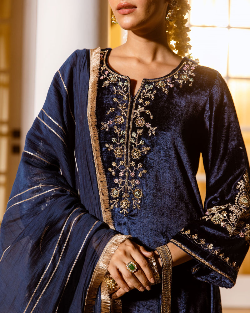 Deep Blue Velvet Round With V Neck Marodi Embroidery, Highlighted By Zari, Sequins Work Complete Suit Set