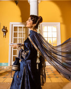 Deep Blue Velvet Round With V Neck Marodi Embroidery, Highlighted By Zari, Sequins Work Complete Suit Set