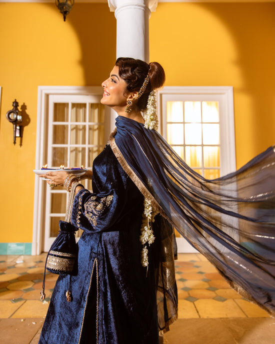 Deep Blue Velvet Round With V Neck Marodi Embroidery, Highlighted By Zari, Sequins Work Complete Suit Set