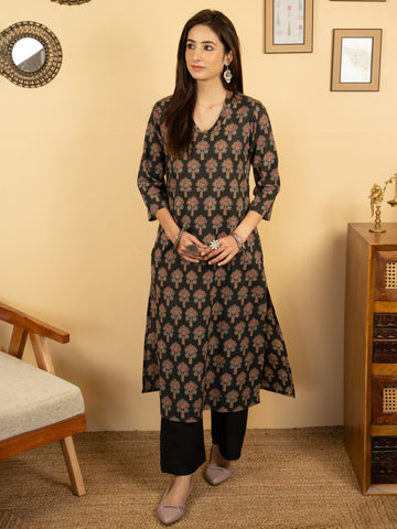 Black Colour Cotton V Neck Kantha With Block Print Kurta For Women's