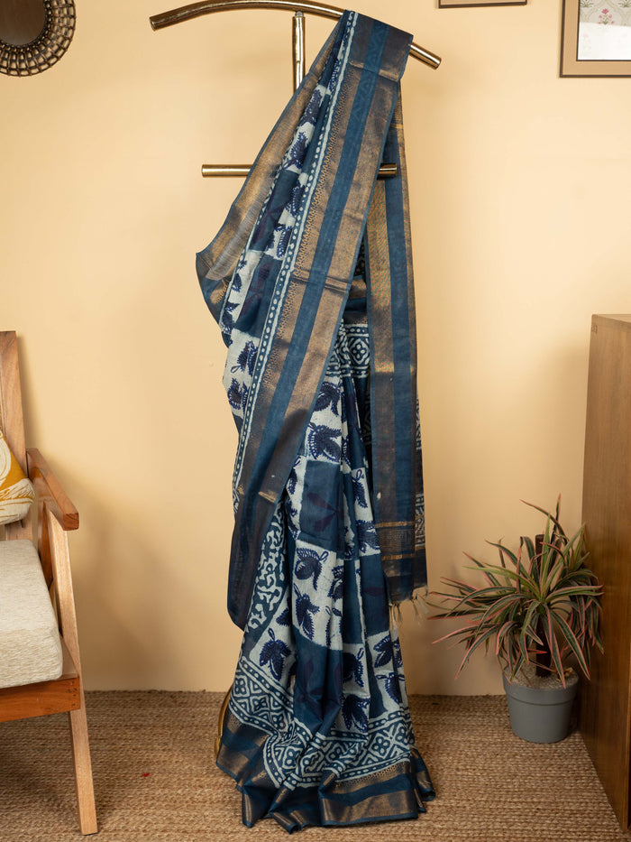 Indigo Cotton Block Print Saree