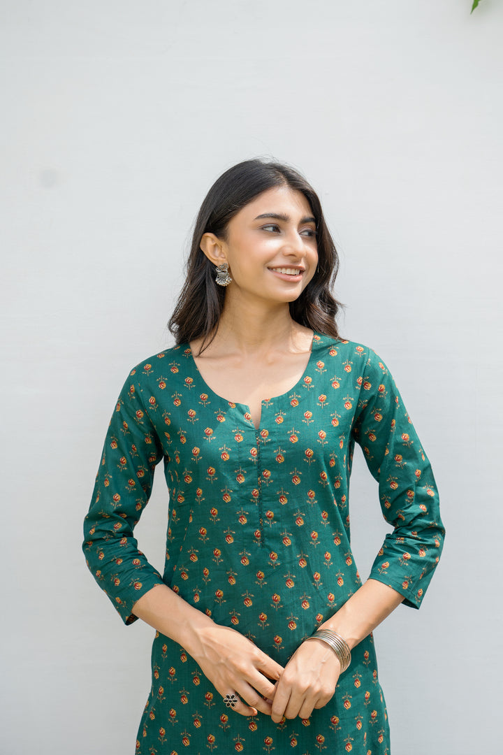 Green Cotton Printed Kurta For Women's