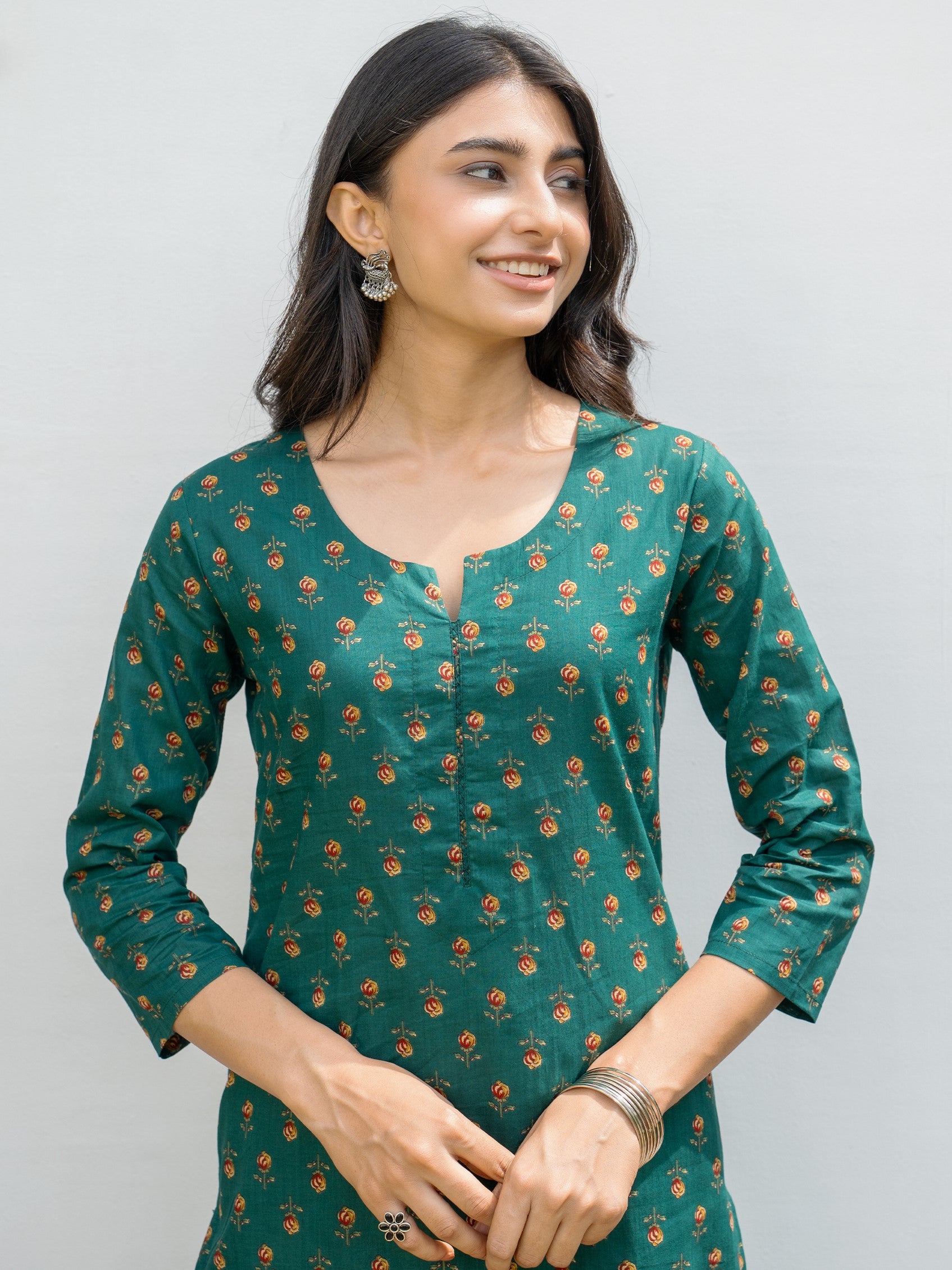 Green Cotton Printed Kurta For Women's