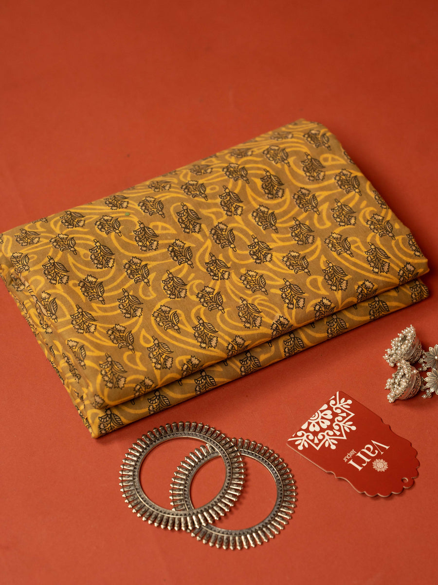 Yellow Color Cotton Block Printed Saree