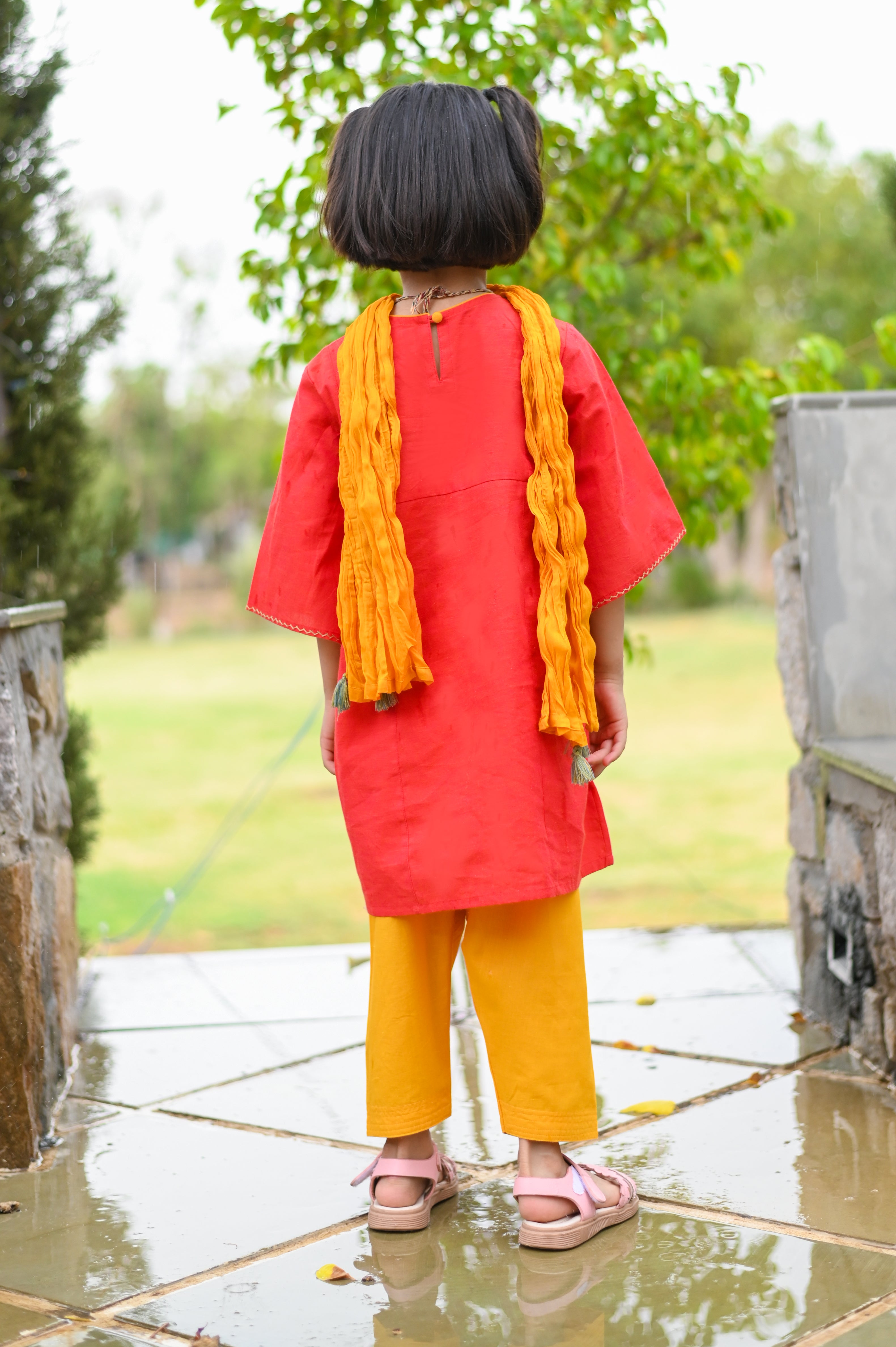 Red Kurta with Mustard Salwar and Dupatta