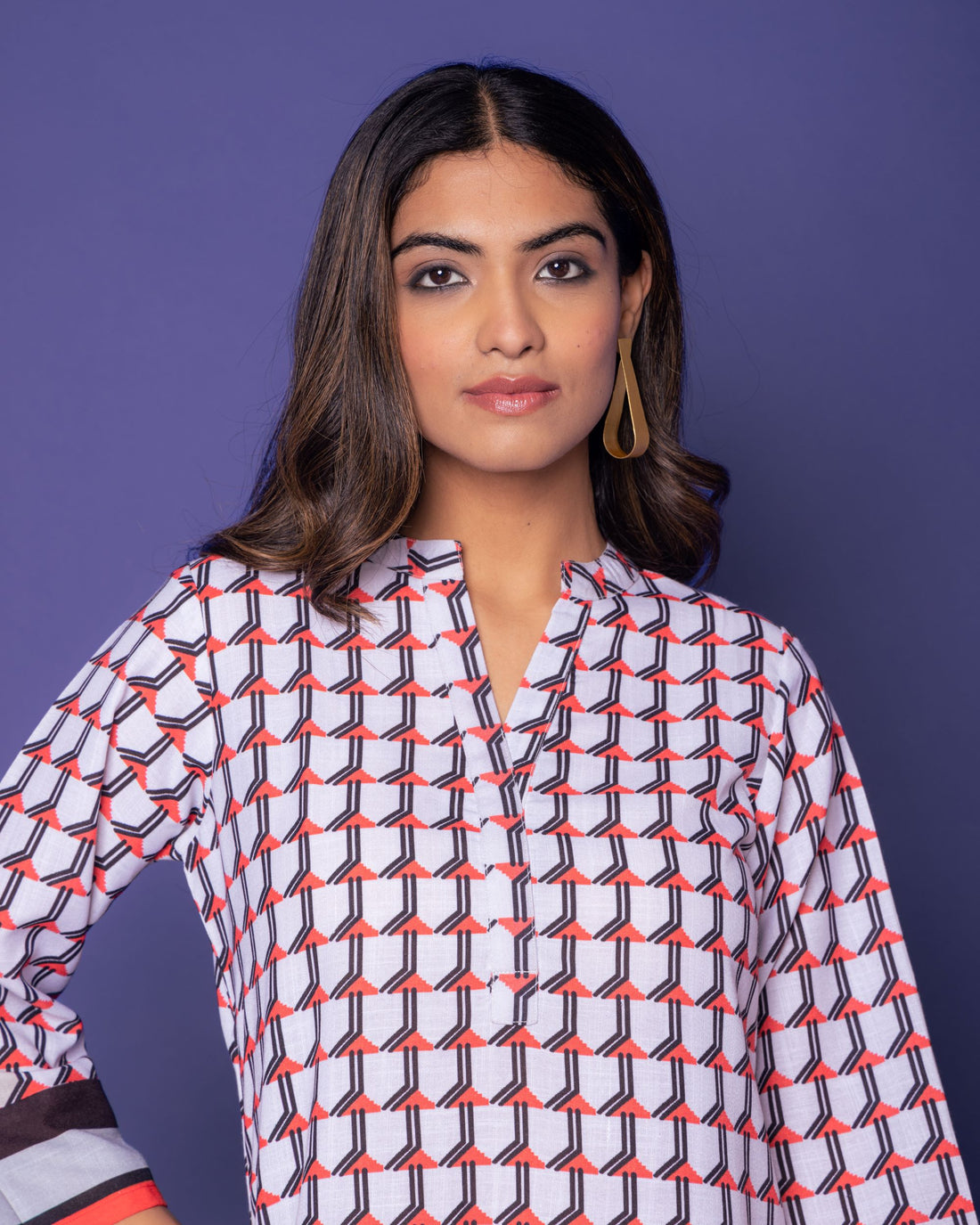 Multicolored Linen Blend Collar Abstract Print Co-Ord Set For Women's