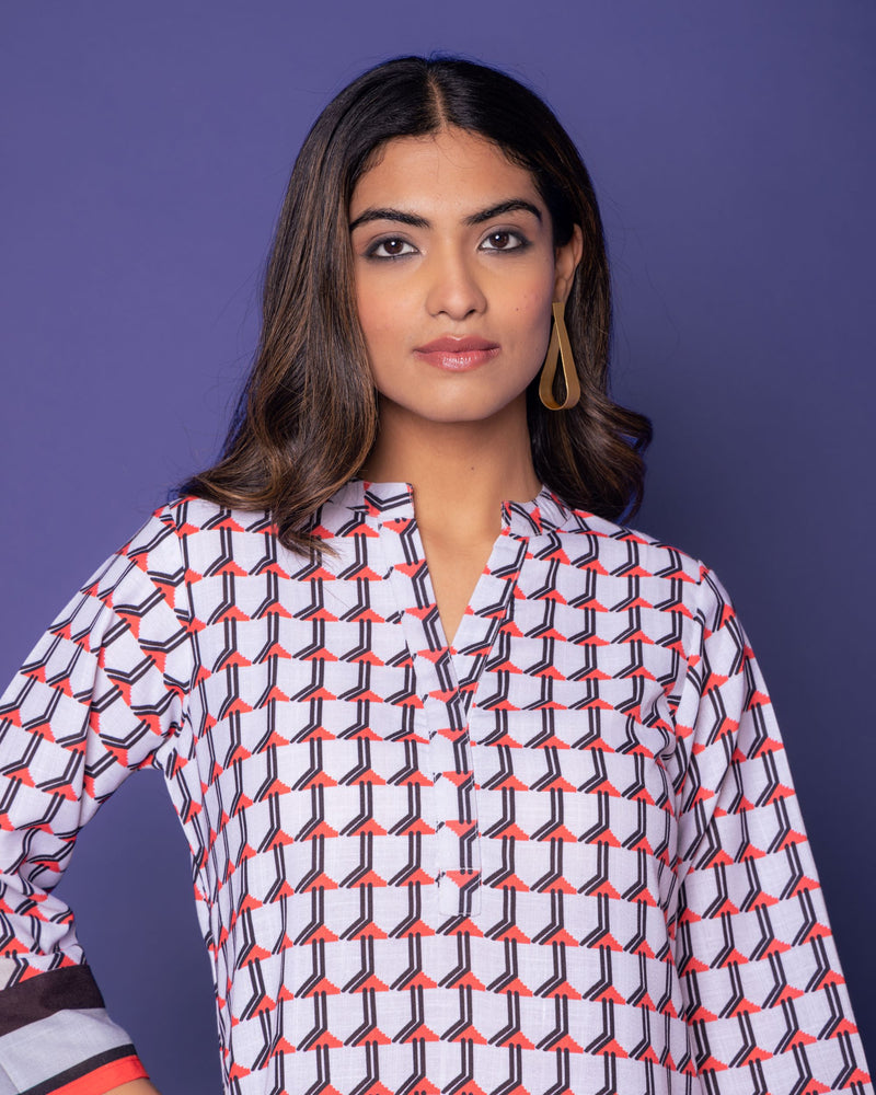 Multicolored Linen Blend Collar Abstract Print Co-Ord Set For Women's