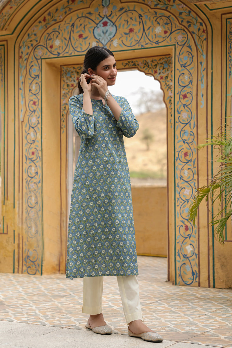 Grey with Green Floral Printed Kurta For Women's
