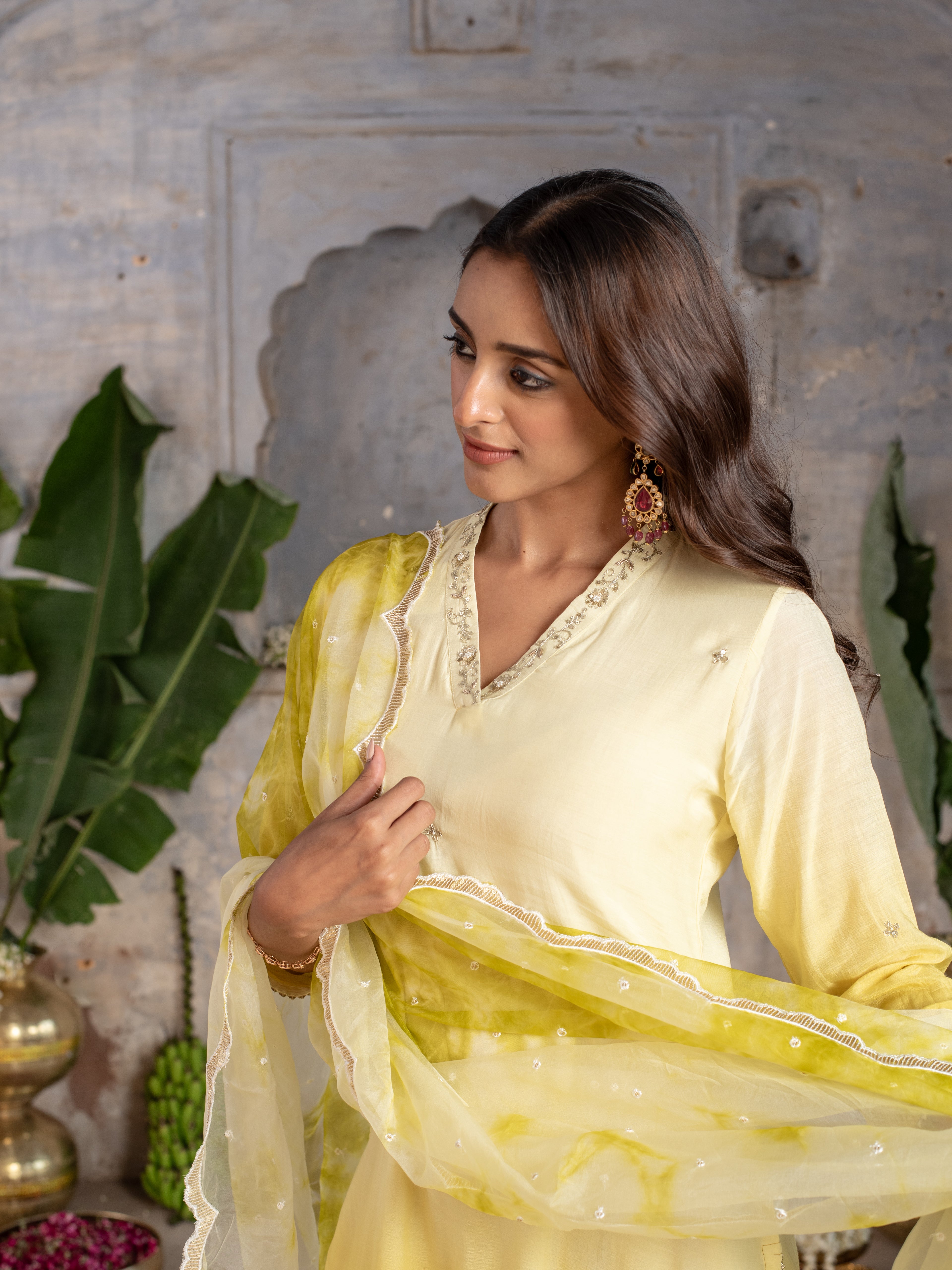 Shaded Yellow Ombre Dying Silk Complete Suit Set For Women's