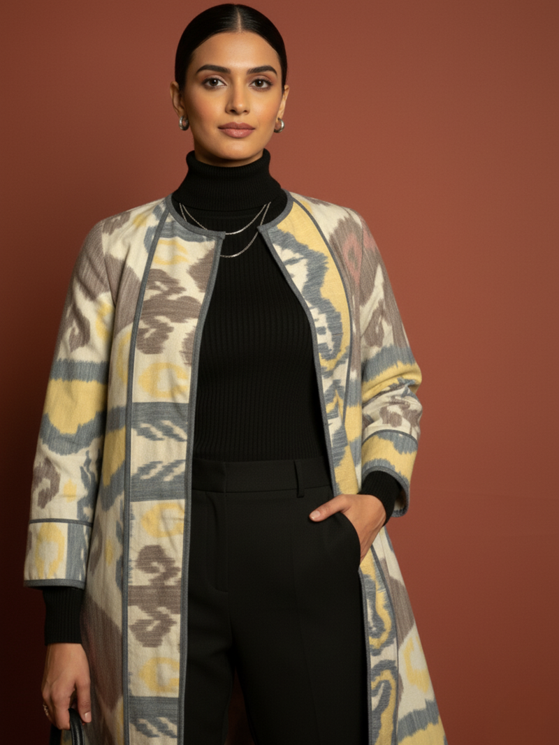 Blue Colour Thick Cotton Wool Round Neck Ikat Chambray Print Long Jacket For Women's