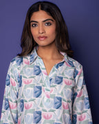 MULTICOLORED STRIPES LINEN BLEND SHIRTCOLLOR NECK FLORAL  KURTA PANT SET