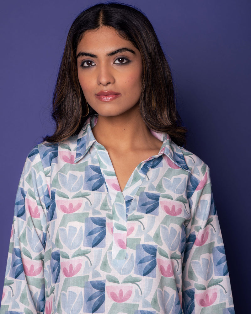 MULTICOLORED STRIPES LINEN BLEND SHIRTCOLLOR NECK FLORAL  KURTA PANT SET