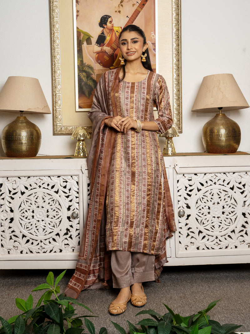 Multi Colour Tussar Silk Handblock Print Round Neck Complete Suit Set For Women's