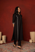 BLACK COTTON FLAX COLLAR EMBROIDERY WORK ON KURTA.WITH EMBROIDERY ON BUTTONS KURTA PANT SET