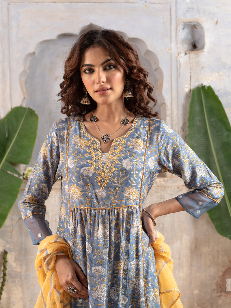 BLUE KURTA PALAZZO MODAL WITH ROUND NECK FULL SET