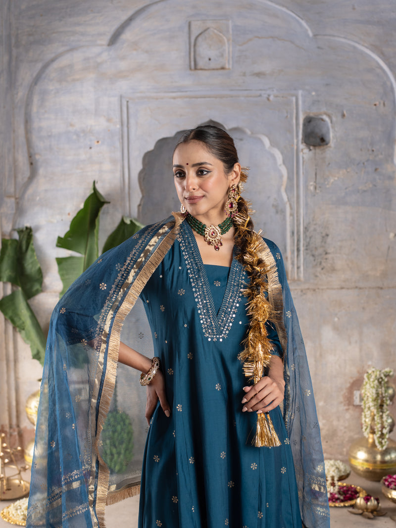 BLUE CHANDERI V NECK  ALL OVER WITH LACE AD KHADI WORK DUPATTA FULL SET