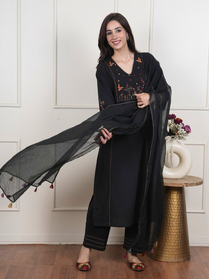 Black Cotton Flax Complete Suit Set