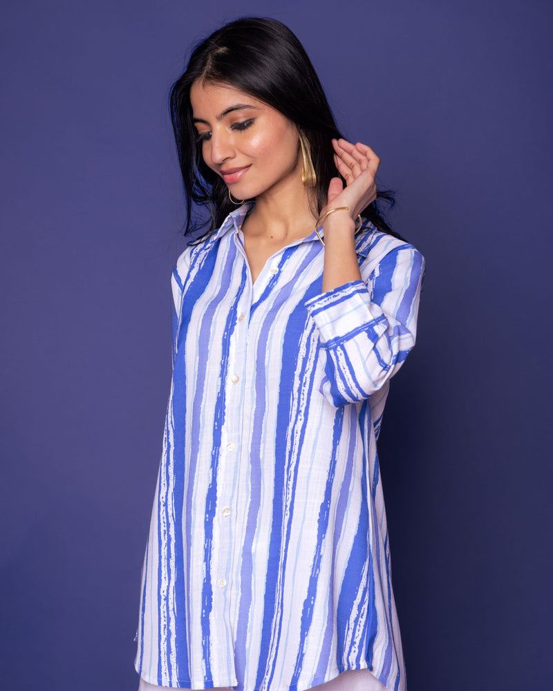 Multicoloured Linen Blend Shirt Collar Strips Short Top For WOMEN'S