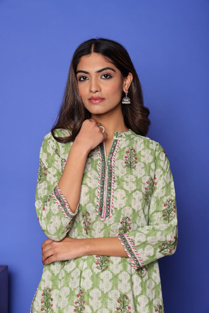 Sea Green Cotton Round Handblock Short Top For Women's