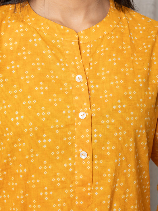 Yellow Colour Cotton Collar Neck Bandhani Print Kurta For Women's