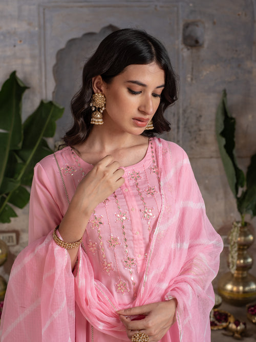 BABY PINK JAM COTTON ROUND NECK HAND DONE LEHERIYA DUPATTA FULL SET
