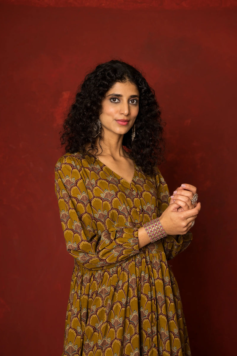 Light Brown Cotton V-Neck Dress For Women's