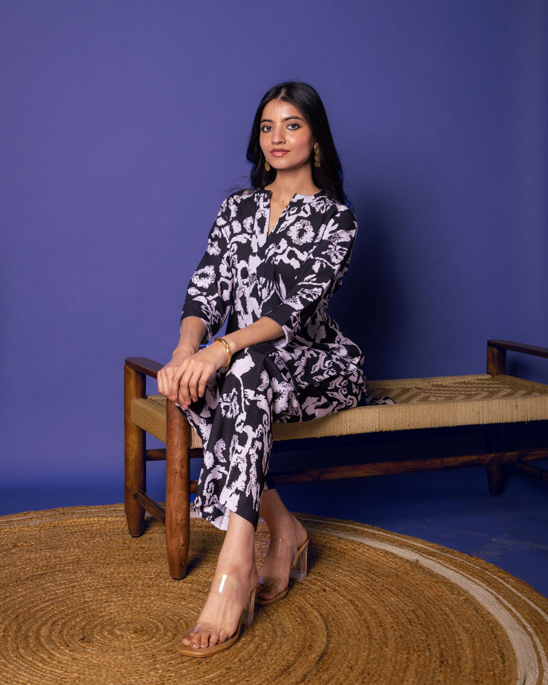 Black Linen Blend Collar Neck With V Abstrack Print Co-Ord Set For Women's