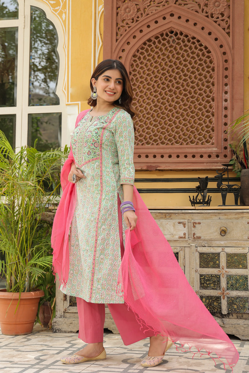 Light Pista Green Handblock Printed Kurta For Women's