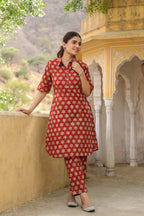 MAROON COTTON COLLOR NECK BAGRU HANDBLOCK PRINT CO-ORD SET