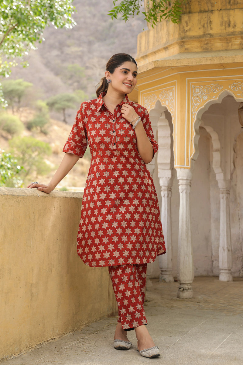 MAROON COTTON COLLOR NECK BAGRU HANDBLOCK PRINT CO-ORD SET