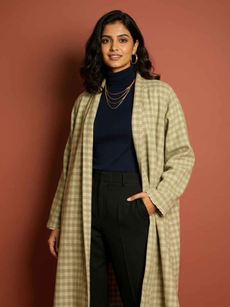 Light Green Colour Merino Wool Collar Checkered Print Long Jacket For Women's