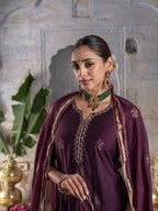BRINJAL CHANDERI ROUND WITH V-CUT KURTA ALL OVER HIGHLIGHTED WITH ROGAN GOLD WORK FULL