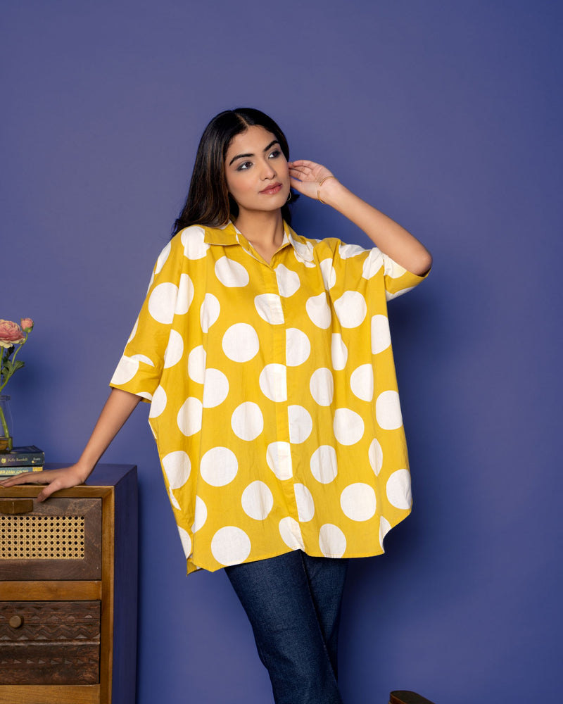 Yellow Cotton Collar Loose Shirt For Women's