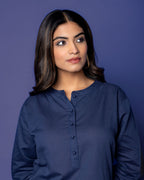INDIGO BLUE COTTON LINEN COLLAR NECK KATHA WORK ON BACK SIDE KURTA PANT SET