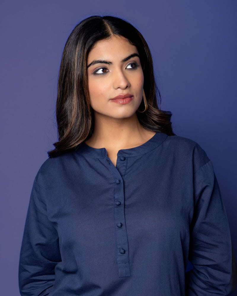 INDIGO BLUE COTTON LINEN COLLAR NECK KATHA WORK ON BACK SIDE KURTA PANT SET