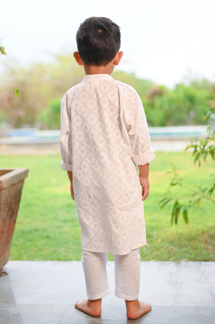 White Khadi Print Boys Kurta