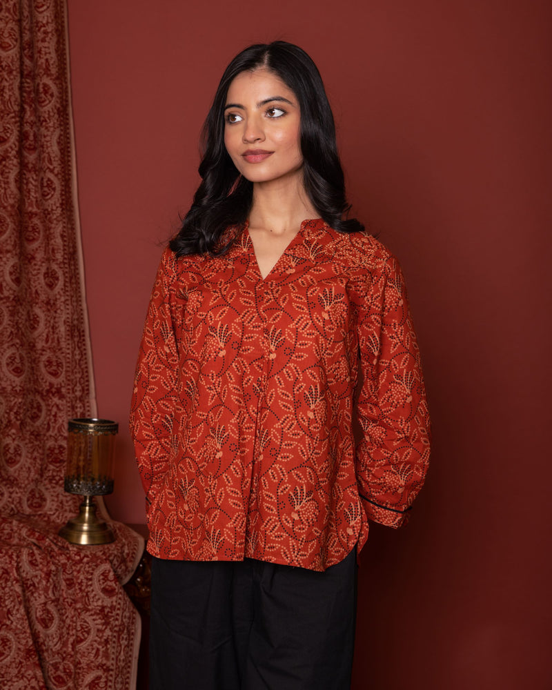 Rust Cotton Collar Bandhani Short Top For Women's