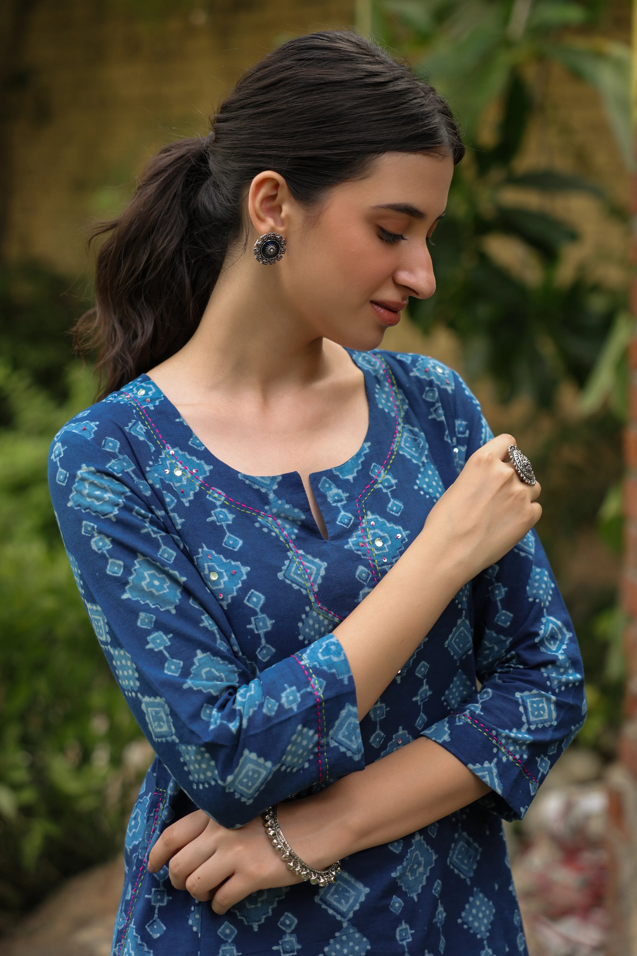 Indigo Handblock Kurta with Sequence and Mirror Work