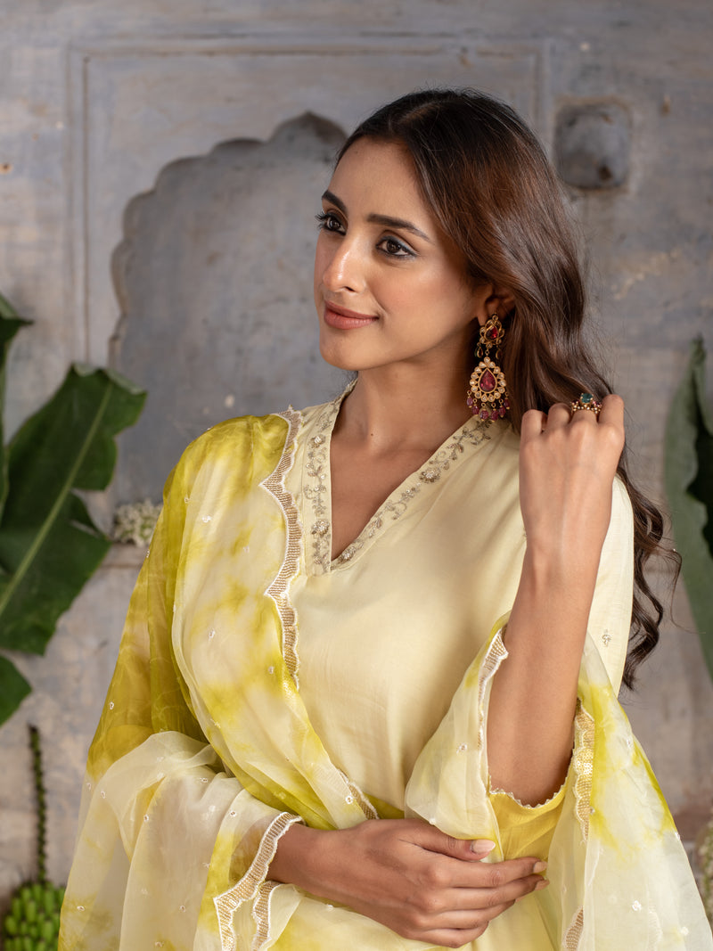 Shaded Yellow Ombre Dying Silk Complete Suit Set For Women's
