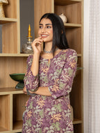 Multi Colour Cotton Round With V-Neck Floral Print Kurta For Women's