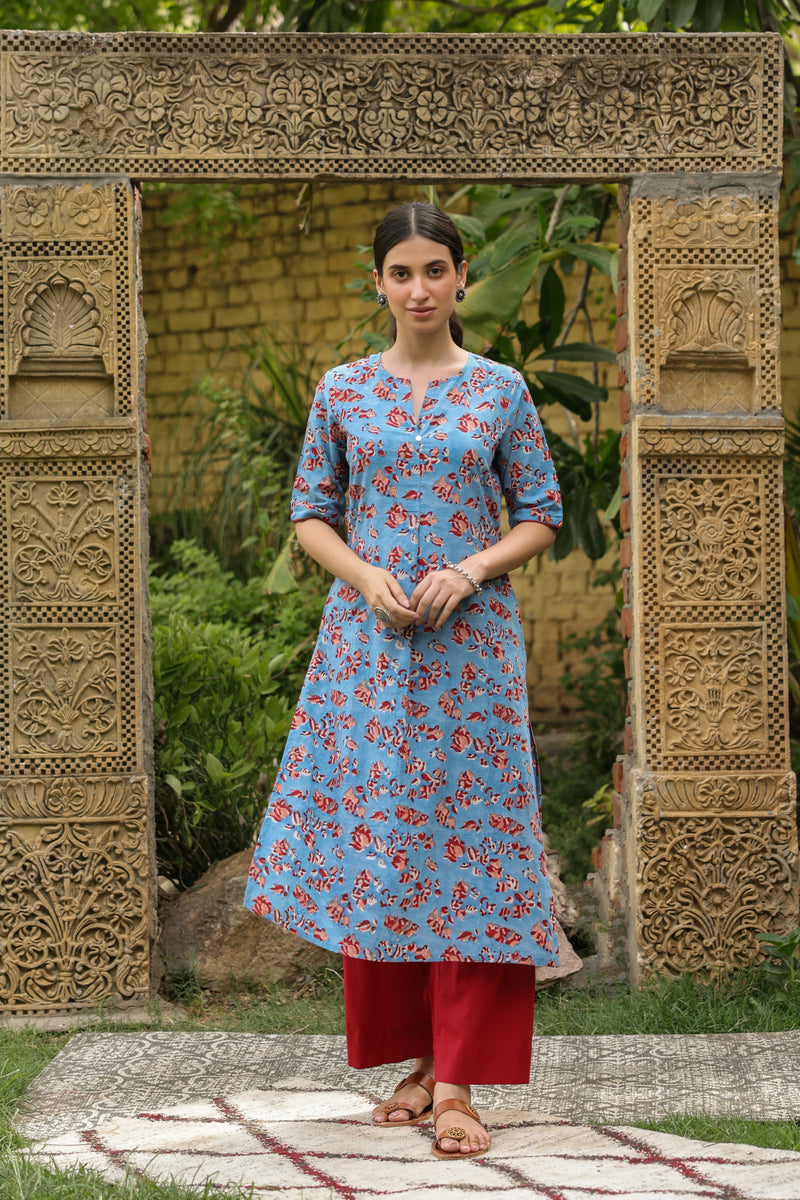 SkyBlue Cotton Handblock Floral Printed  Kurta For Women's