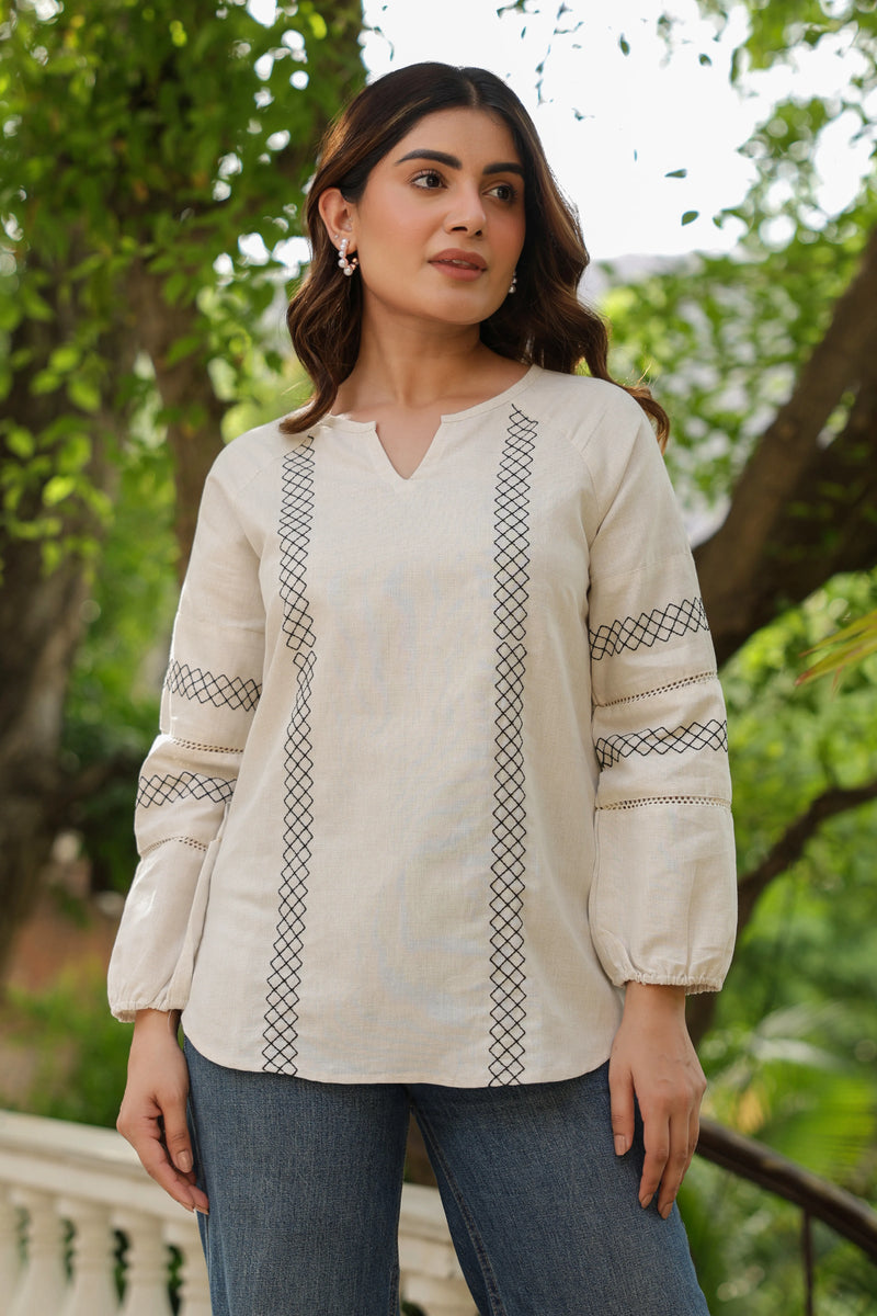 Off White Linen Round With V-Neck Short Top For Wmen's