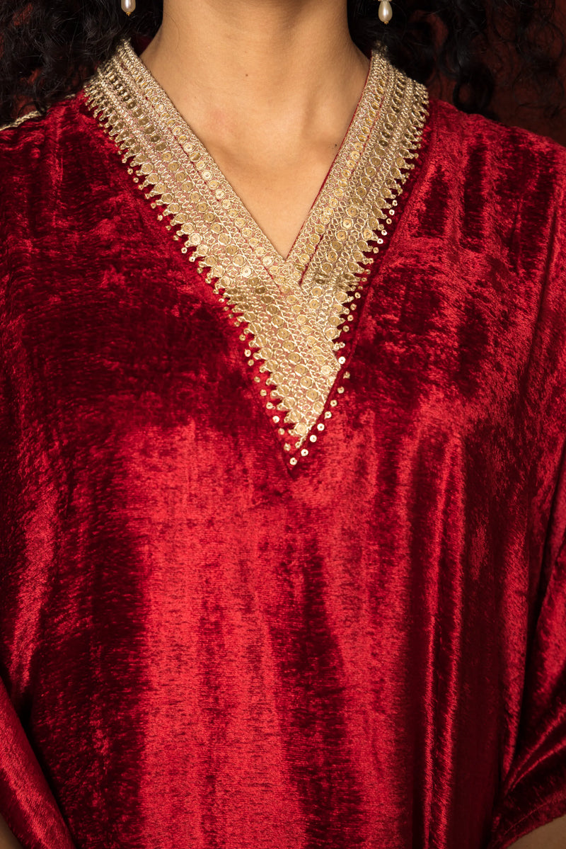 MAROON VELVET V NECK GOTA LACE ON NECKLINE PLAZZO  HIGHLIGHTED WITH GOTA KURTA PANT SET